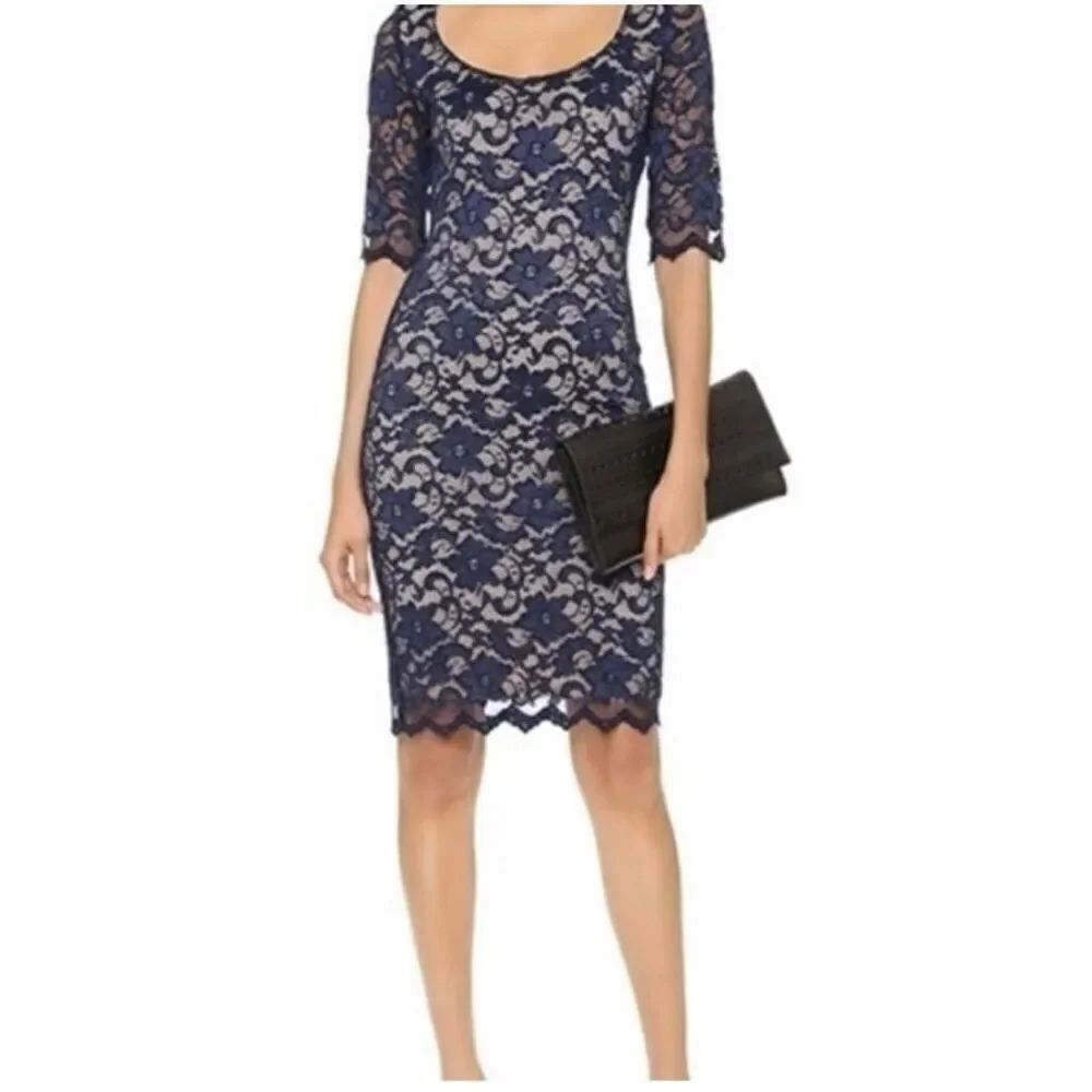 Badgley Mischka Size 2 Lace Overlay Sheath Dress Blue Cream Semi Formal Glam